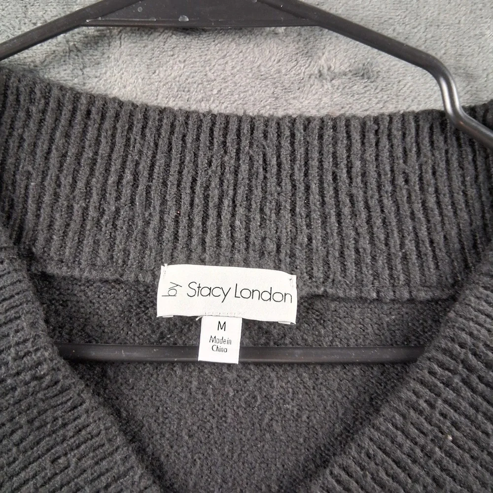 Stacy London V-Neck Sweater Womens Medium Black Knit Long Sleeve Oversized 2326